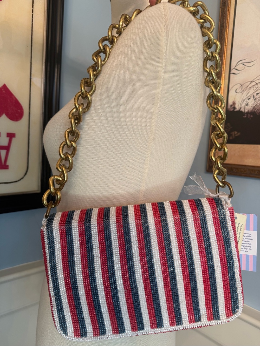 Viral Beaded Bag! NWT Made in India Red White Blue Stripes Chain Shoulder Bag - Picture 3 of 11